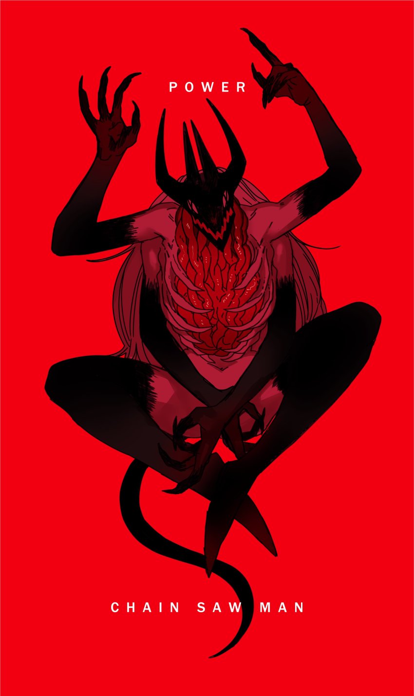 1girl, absurdres, bad_id, bad_twitter_id, black_horns, black_tail, chainsaw_man, character_name, claws, colored_extremities, copyright_name, cross-shaped_pupils, crosshair_pupils, demon, demon_girl, demon_horns, demon_tail, extra_arms, full_body, highres, horns, kanikan_22, long_hair, monster, monster_girl, power_(blood_devil)_(chainsaw_man), power_(chainsaw_man), red_background, sharp_teeth, simple_background, solo, spoilers, symbol-shaped_pupils, tail, teeth