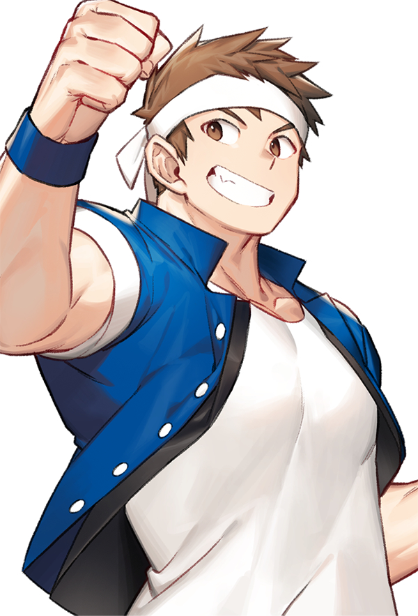 1boy, bara, blue_jacket, brown_eyes, brown_hair, clenched_teeth, gondom, headband