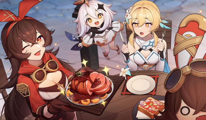 4girls, amber_(genshin_impact), baron_bunny_(genshin_impact), bread, bread_slice, breasts, chair, cleavage, fisherman's_toast_(genshin_impact), food, fork, genshin_impact, hair_ornament, highres, jiachong_jun_z, knife, looking_at_viewer, lumine_(genshin_impact), multiple_girls, one_eye_closed, open_mouth, paimon_(genshin_impact), plate, romper, sitting, sparkle, sparkling_eyes, steak, toast, white_romper
