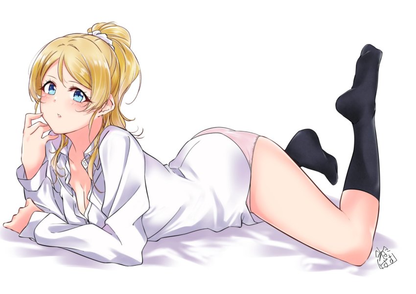 1girl, akira_miku_ver, arm_support, ayase_eli, bad_id, bad_pixiv_id, blonde_hair, blue_eyes