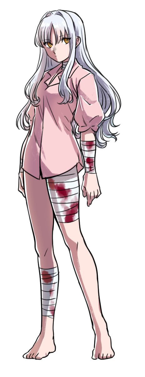 1girl, applechoc, bandages, bandaged_arm, bandaged_leg, bandaged_neck, barefoot, blood
