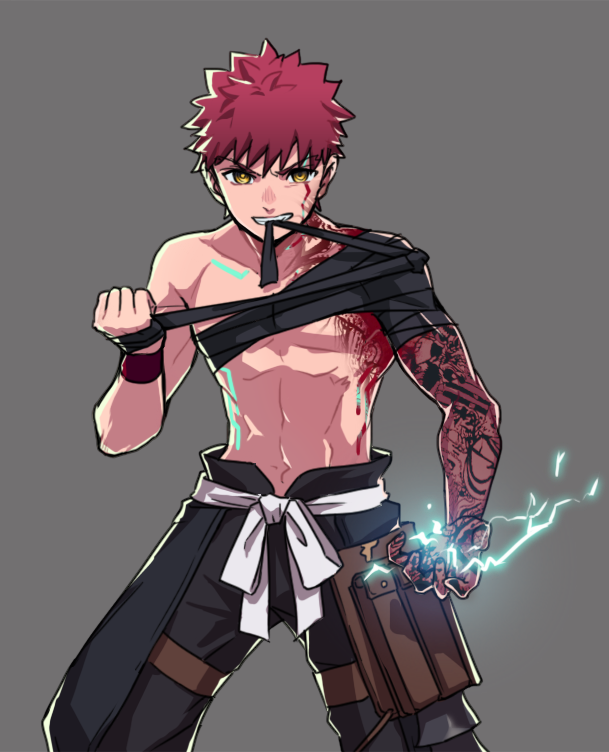 1boy, angra_mainyu_(fate), applechoc, bandaged_arm, bandages, biting, blood, blood_on_face, emiya_shirou, fate/grand_order, fate/hollow_ataraxia, fate_(series), japanese_clothes, limited/zero_over, looking_at_viewer, male_focus, possessed, possession, red_hair, senji_muramasa_(fate), simple_background, tattoo, topless_male, yellow_eyes