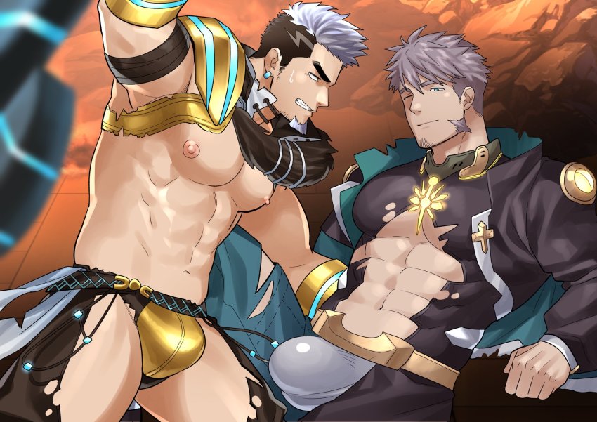 2boys, abs, abs_cutout, bara, bare_pectorals, black_hair, black_shirt, bulge, cleavage_cutout, clothing_cutout, commission, couple, crotchless, crotchless_pants, earrings, facial_hair, goatee, green_eyes, gyee, highres, jewelry, kienbiu, large_pectorals, long_sideburns, male_focus, multicolored_hair, multiple_boys, muscular, navel, nipples, one_eye_closed, pants, pectorals, purple_hair, revealing_clothes, second-party_source, shirt, short_hair, shrug_(clothing), sideburns, skin_tight, spread_legs, su_(gyee), thick_thighs, thigh_cutout, thighs, torn_clothes, torn_pants, torn_shirt, two-tone_hair, yan_(gyee), yaoi
