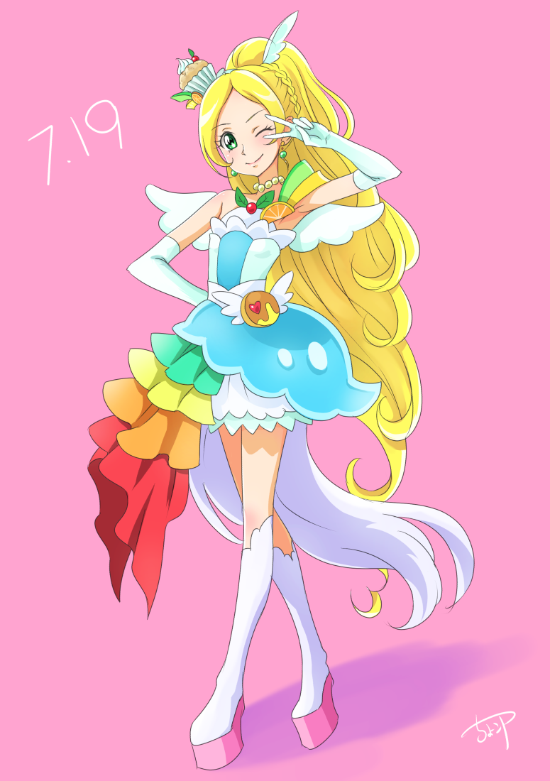 1girl, ;), blonde_hair, boots, braid, chocokin, closed_mouth, cosplay, cure_parfait, cure_parfait_(cosplay), cure_rhythm, elbow_gloves, full_body, gloves, green_eyes, hair_ornament, head_tilt, high_ponytail, horse_tail, jewelry, kirakira_precure_a_la_mode, knee_boots, layered_skirt, long_hair, magical_girl, minamino_kanade, miniskirt, necklace, one_eye_closed, parted_bangs, pink_background, ponytail, precure, signature, skirt, smile, solo, standing, strapless, suite_precure, tail, very_long_hair, white_boots, white_gloves, white_skirt