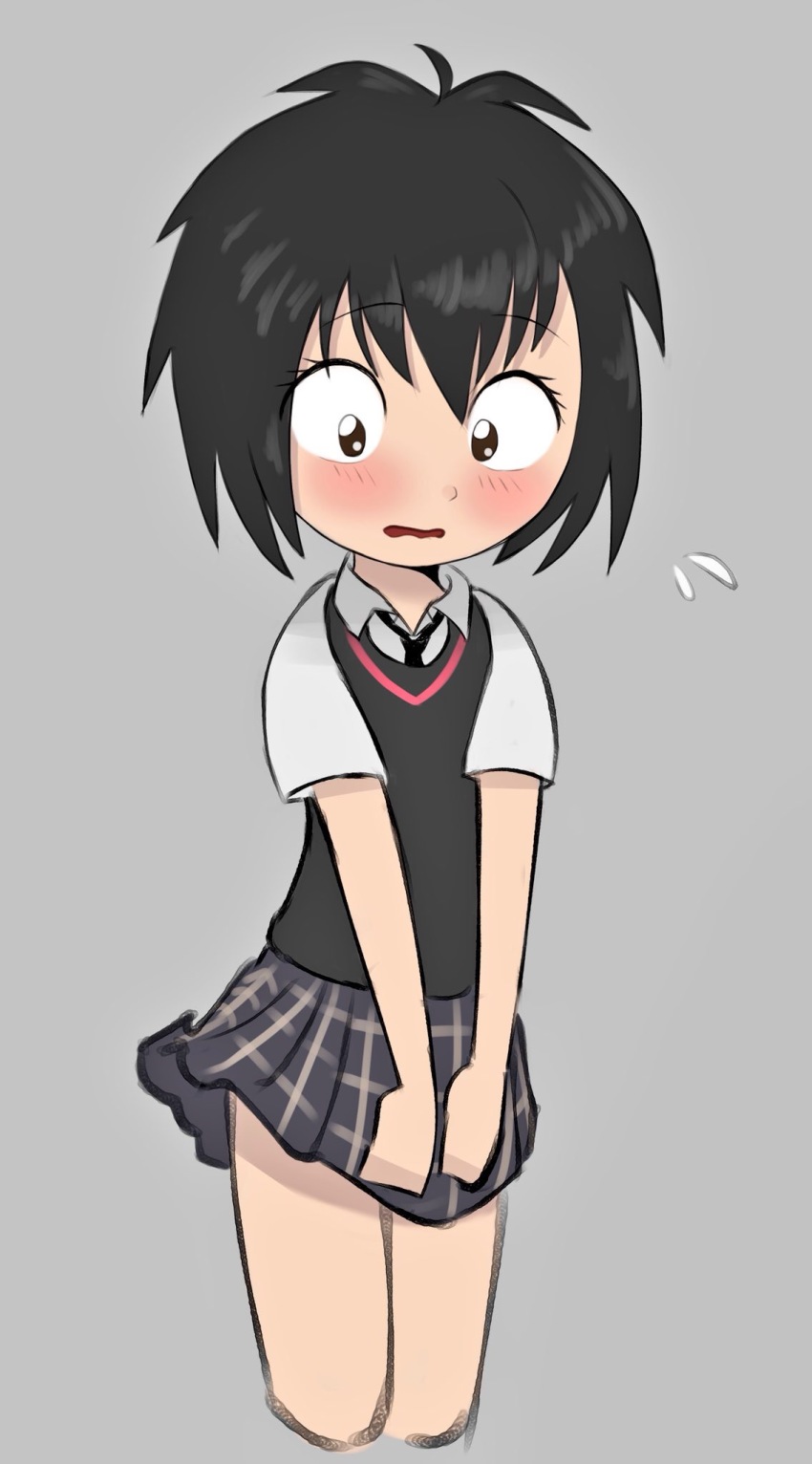 1girl, black_hair, black_necktie, black_vest, blush, cropped_legs, embarrassed, highres, looking_down, marvel, necktie, peni_parker, plaid_clothes, plaid_skirt, samutora_mike, shirt, short_hair, short_sleeves, skirt, skirt_tug, solo, spider-man:_into_the_spider-verse, spider-man_(series), spider-verse, standing, thighs, vest, white_shirt