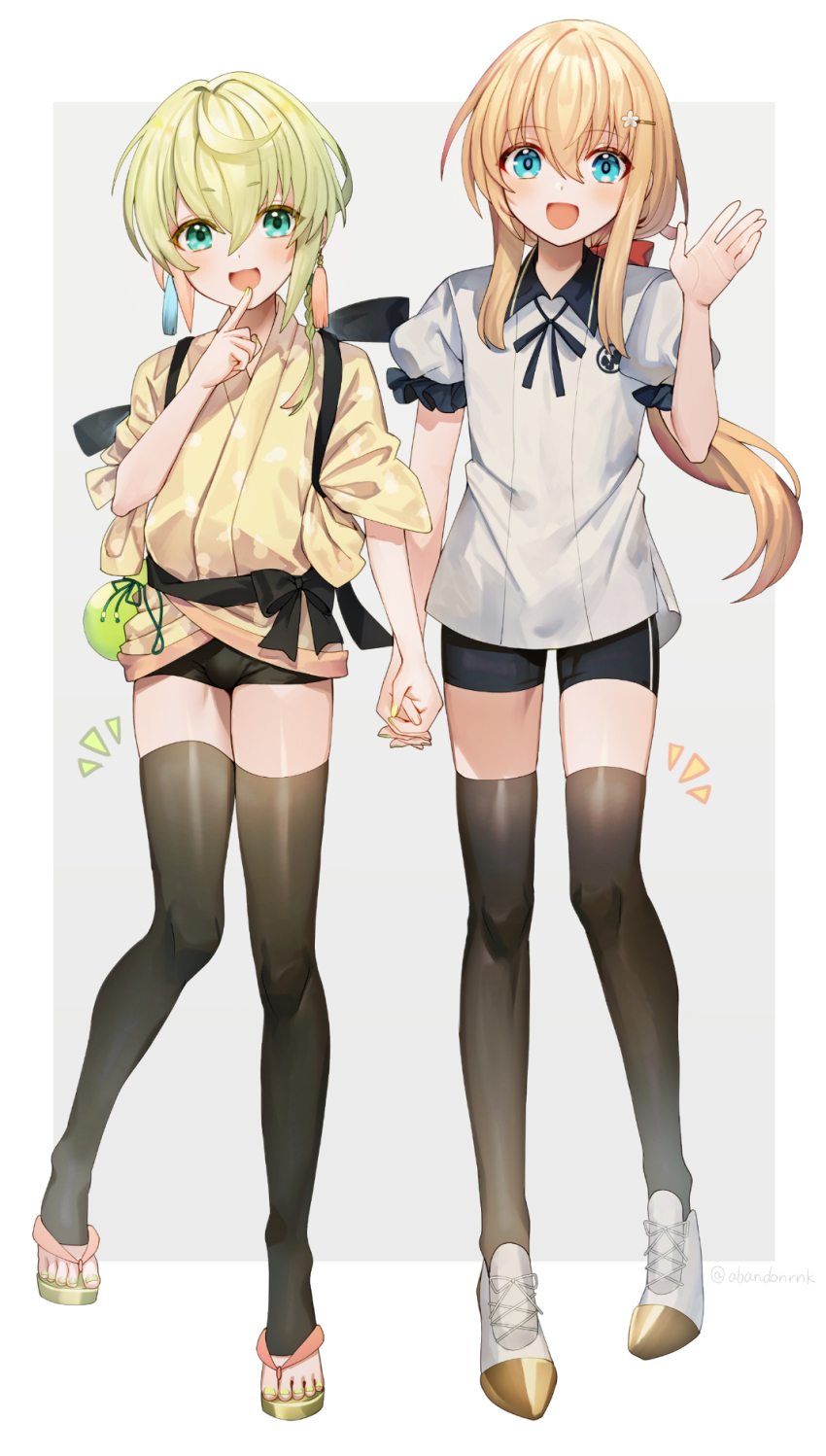 2boys, :d, abandon_ranka, aqua_eyes, black_legwear, blonde_hair, blue_eyes, bow, braid, bulge, earrings, finger_to_mouth, gourd, hair_bow, hair_ornament, hairpin, holding_hands, highres, japanese_clothes, jewelry, male_focus, midare_toushirou, multiple_boys, nail_polish, open_mouth, ponytail, sandals, shorts, side_braid, smile, taikou_samonji, tassel, tasuki, thighhighs, touken_ranbu, trap, yellow_nails