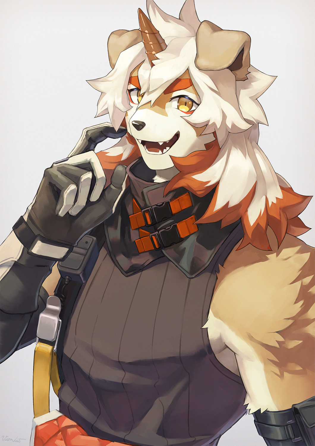1boy, animal_ears, arknights, bare_shoulders, black_scarf, black_tank_top, brown_fur, dog_boy, dog_ears, fangs, finger_to_face, furry, furry_male, gloves, highres, horns, hung_(arknights), male_focus, multicolored_hair, muscular, orange_hair, scarf, shishimi_(shishimi443), single_horn, solo, streaked_hair, tank_top, two-tone_fur, upper_body, white_fur, white_hair, yellow_eyes