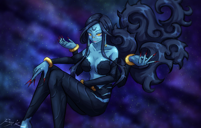 1girl, bare_shoulders, blue_hair, blue_skin, collarbone, colored_skin, ear_piercing, extra_arms, face_piercing, fingernails, floating, indivisible, kala_(indivisible), long_fingernails, long_hair, nail_polish, nose_piercing, piercing, pink_lips, red_nails, smile, solo, space, yellow_eyes