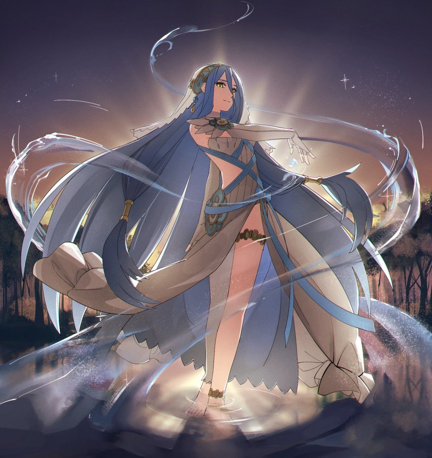 1girl, asagi_(banzoku210), asymmetrical_legwear, azura_(fire_emblem), barefoot, blue_hair, blue_ribbon, closed_mouth, commentary, dancing, dress, elbow_gloves, english_commentary, fire_emblem, fire_emblem_fates, gloves, hair_between_eyes, highres, hydrokinesis, jewelry, long_hair, looking_at_viewer, nintendo, on_liquid, outdoors, pond, ribbon, sky, smile, solo, strapless, strapless_dress, tree, uneven_legwear, veil, very_long_hair, water, white_dress, white_gloves, white_veil, yellow_eyes