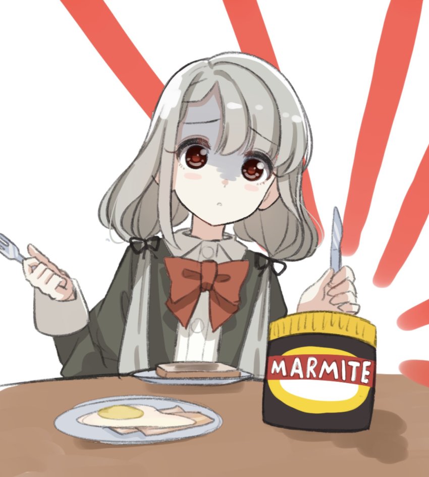 1girl, :o, black_jacket, blush_stickers, bow, bread_slice, brown_eyes, collared_shirt