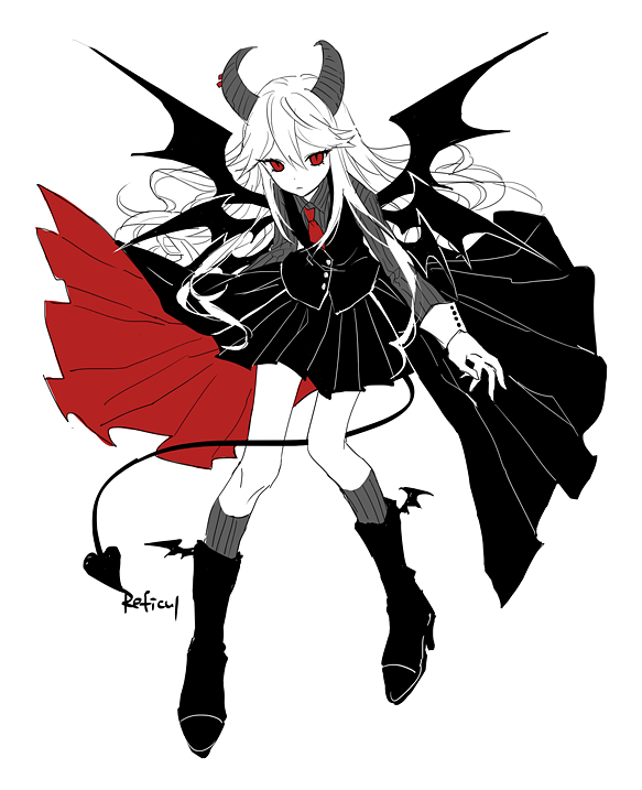 1girl, black_boots, black_wings, boots, character_name, demon_girl, demon_tail, demon_wings