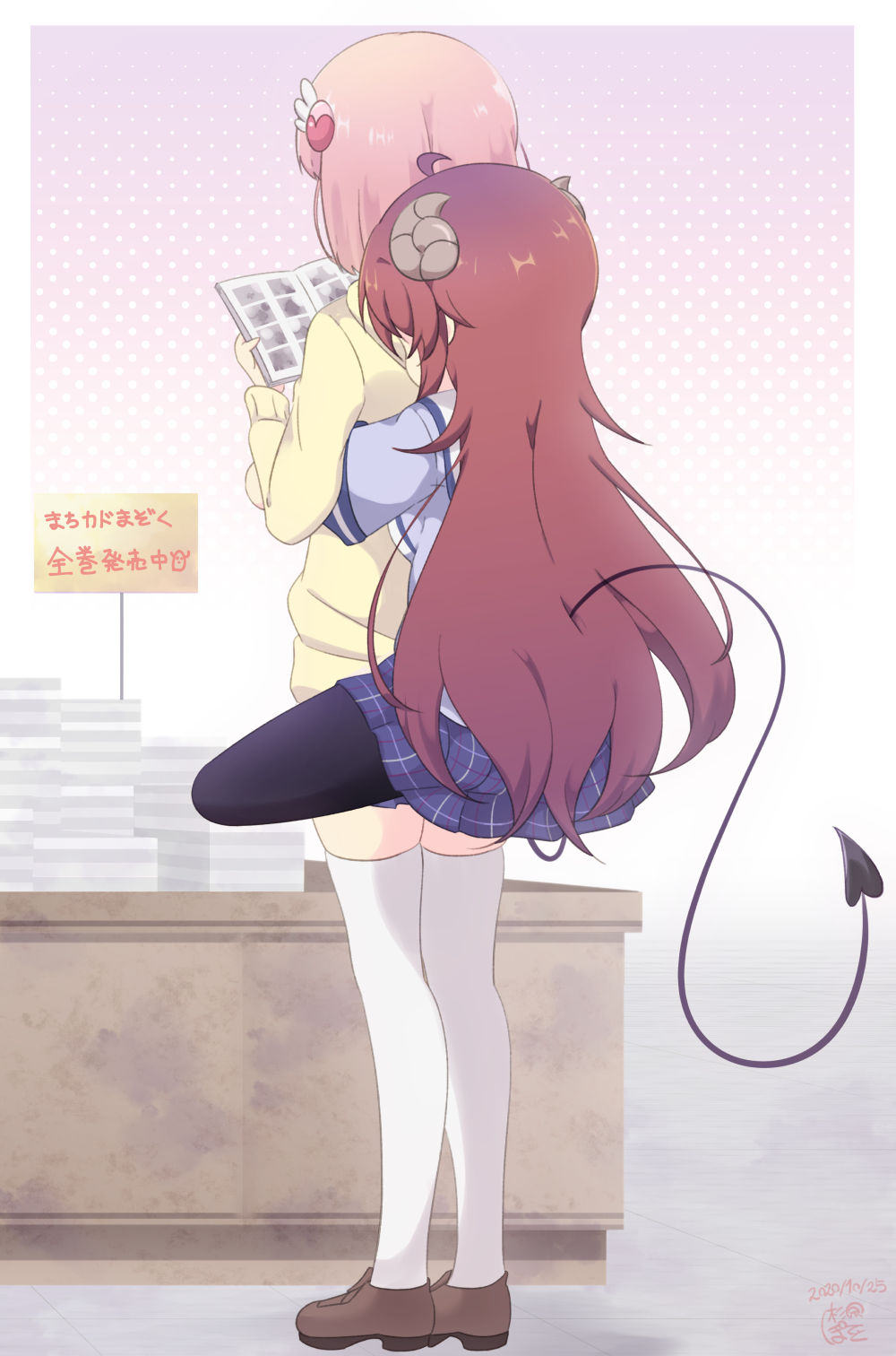 2girls, ahoge, aosora_neko, blush, brown_hair, chiyoda_momo, curled_horns, demon_girl