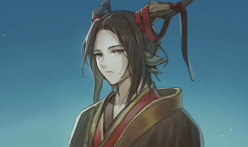 1boy, animal_ears, brown_eyes, brown_hair, character_request, copyright_request, horns, looking_at_viewer