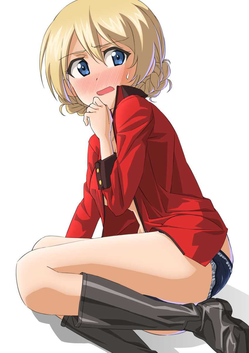 1girl, absurdres, black_boots, black_panties, blonde_hair, blue_eyes, blush, boots