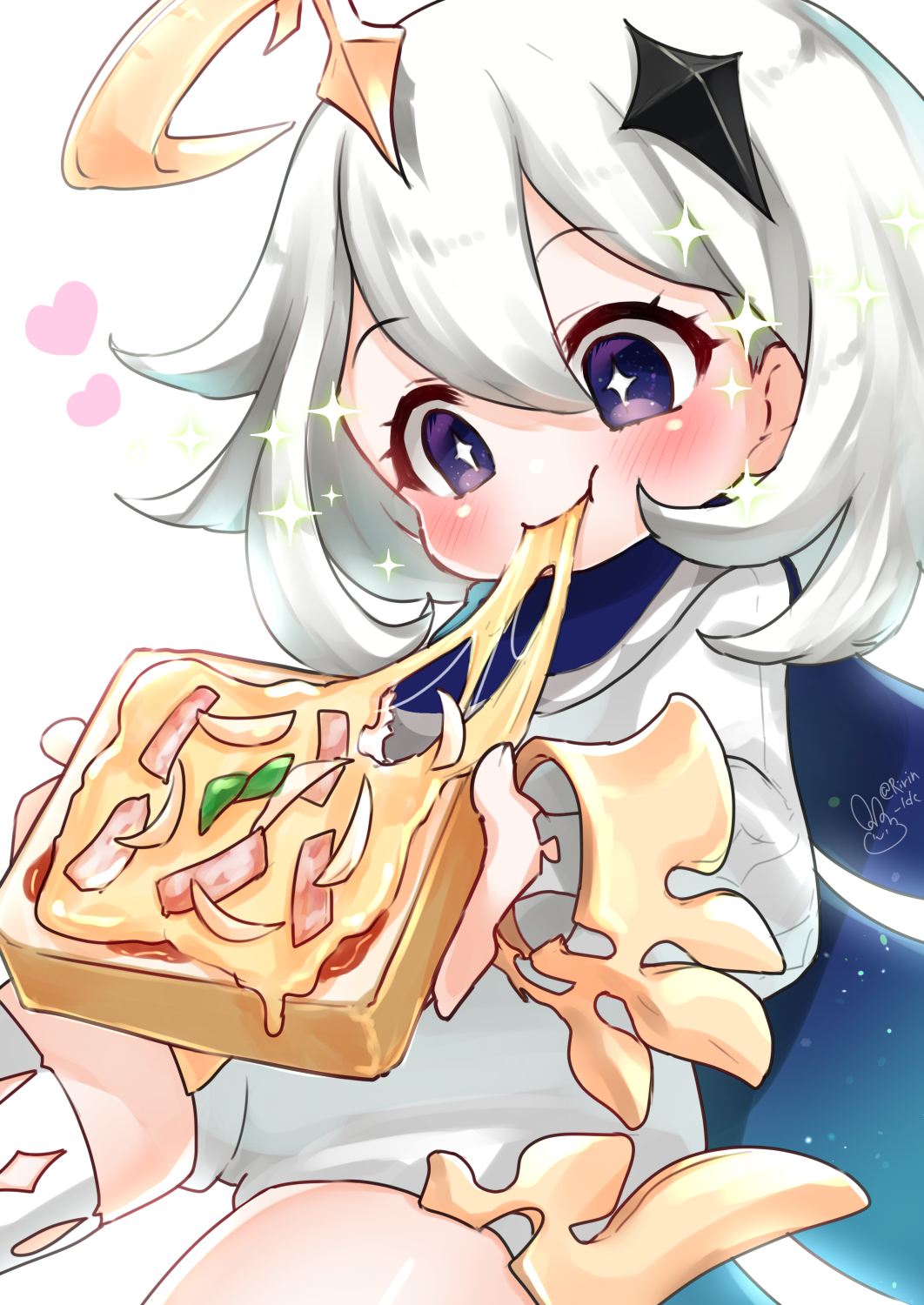 1girl, asymmetrical_legwear, blue_eyes, blush, bread, bread_slice, cape, cheese