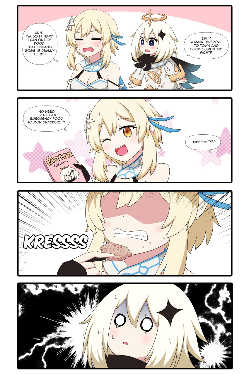 2girls, absurdres, blonde_hair, blue_eyes, cape, cracker, dress, eating