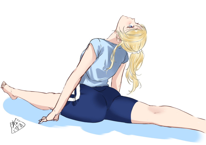 1girl, akira_miku_ver, arm_support, ass, ayase_eli, blonde_hair, blue_eyes, blue_shirt