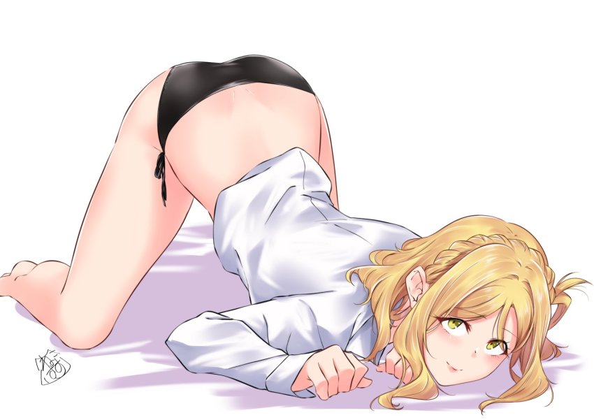 1girl, akira_miku_ver, ass, black_panties, blonde_hair, blush, dress_shirt, looking_at_viewer, love_live!, love_live!_school_idol_project, love_live!_sunshine!!, ohara_mari, panties, shirt, side-tie_panties, smile, solo, top-down_bottom-up, underwear, white_background, yellow_eyes