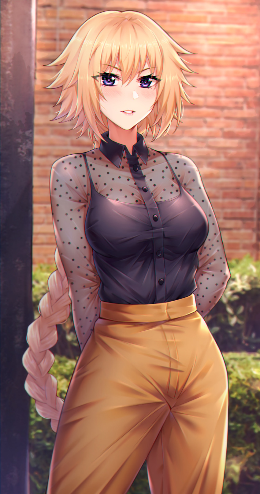 1girl, absurdres, alternate_costume, arms_behind_back, blonde_hair, blue_eyes, blush, braid, breasts, clothes_tucked_in, collared_shirt, commentary_request, cowboy_shot, dress_shirt, fate/grand_order, fate_(series), high-waist_pants, highres, hua-j, jeanne_d'arc_(fate), jeanne_d'arc_(ruler)_(fate), large_breasts, long_braid, long_hair, long_sleeves, looking_at_viewer, outdoors, pants, purple_eyes, see-through_clothes, see-through_shirt, see-through_sleeves, shirt, shirt_tucked_in, single_braid, smile, solo, standing, stone_wall, teeth, very_long_hair, wall