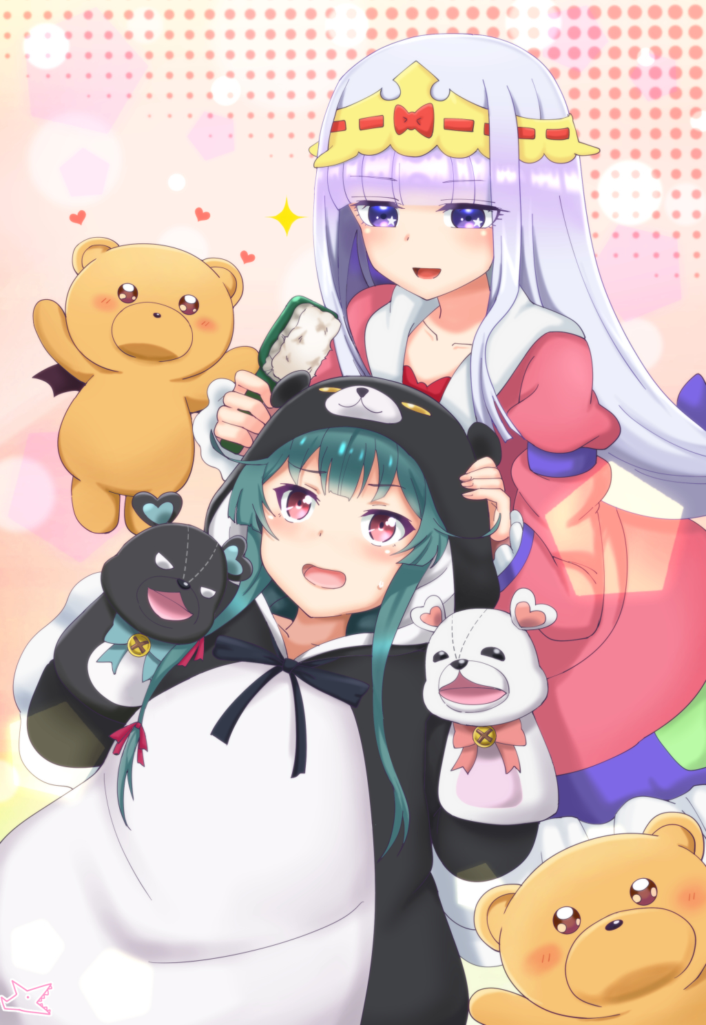2girls, :o, animal_costume, aurora_sya_lis_kaymin, bear_costume, brush, character_request, crossover