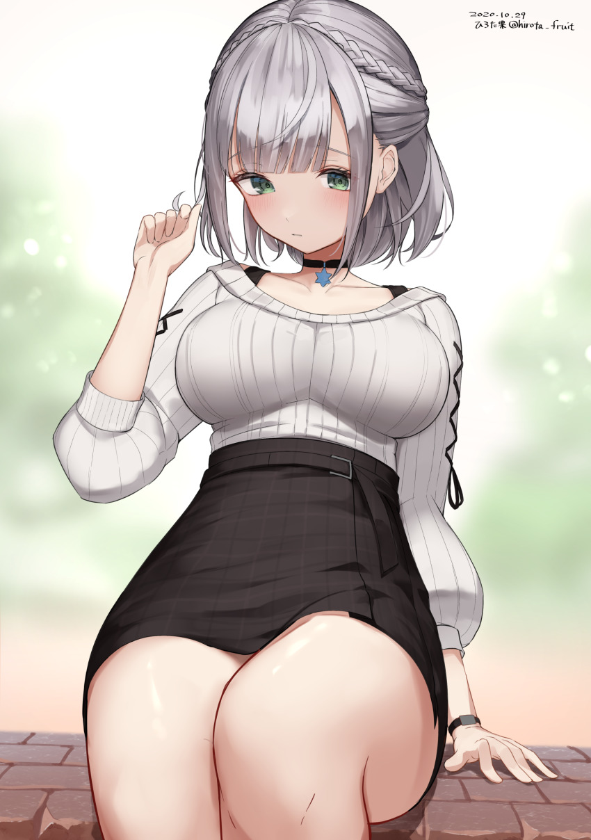 1girl, absurdres, alternate_costume, arm_support, bag, belt, blush, braid