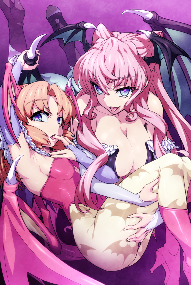 2girls, alternate_costume, animal_print, ass, bat_print, bat_wings, black_leotard, blue_eyes, blue_legwear, breasts, bridal_gauntlets, brown_eyes, clothing_cutout, cosplay, demon_girl, head_wings, heart, heart-shaped_pupils, heart_cutout, highleg, highleg_leotard, highres, large_breasts, leg_grab, leotard, lilith_(darkstalkers), lilith_(darkstalkers)_(cosplay), long_hair, looking_at_viewer, maria_cadenzavna_eve, morrigan_aensland, morrigan_aensland_(cosplay), multiple_girls, orange_hair, pantyhose, pink_hair, print_legwear, red_leotard, senki_zesshou_symphogear, serena_cadenzavna_eve, shiny_skin, siblings, sisters, small_breasts, symbol-shaped_pupils, uganda_(ugandam_00), darkstalkers, wings
