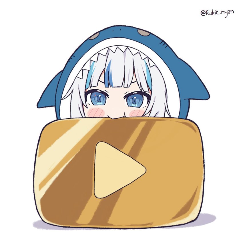 animal_costume, animal_hood, bloop_(gawr_gura), blue_eyes, blue_hair, blue_hoodie, blunt_bangs, gawr_gura