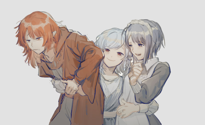 brown_hair, cloak, hai_to_no_monogatari, hug, leaning_forward, library_of_ruina, long_sleeves, looking_at_viewer