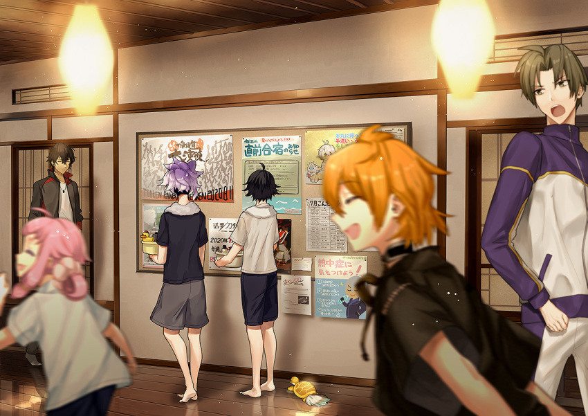 6+boys, ahoge, barefoot, black_hair, blurry, blurry_foreground, brown_hair, bucket