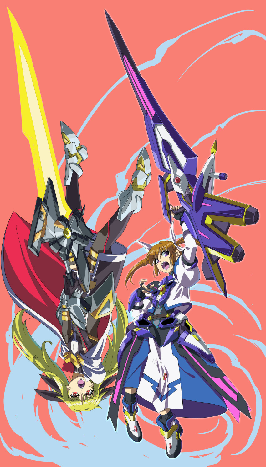 2girls, absurdres, bardiche_(blitz_saber_form)_(nanoha), bardiche_(nanoha), blonde_hair, brown_hair, energy_sword, exocet_(exocet4)