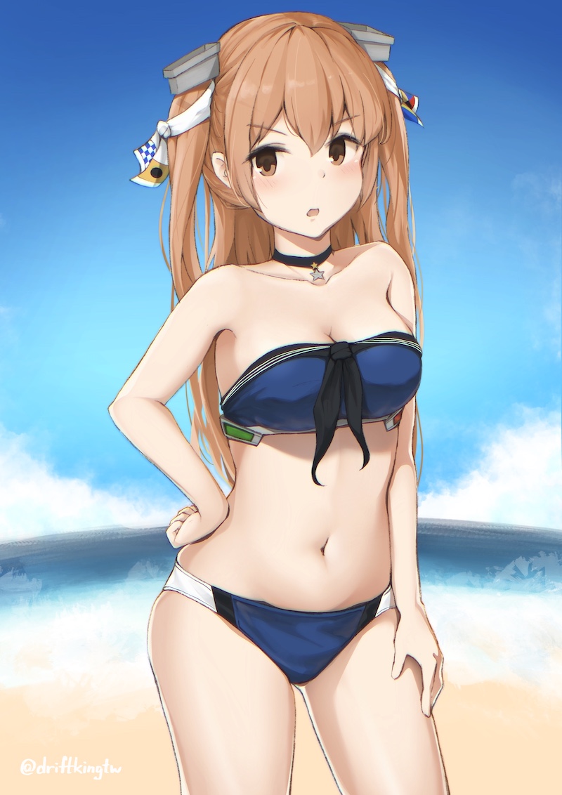 1girl, bikini, black_choker, blue_bikini, blue_sky, breasts, brown_eyes, choker