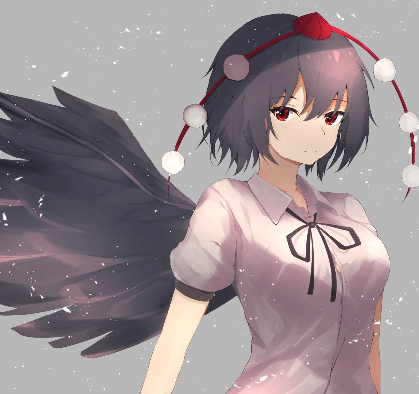1girl, absurdres, arms_at_sides, black_hair, black_ribbon, black_wings, breasts, closed_mouth