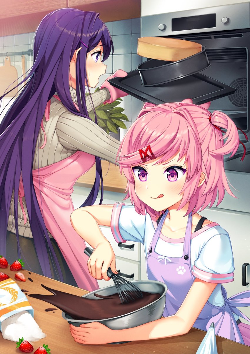 2girls, apron, baking, black_pants, blush, breasts, cake, chocolate, closed_mouth, commentary, cooking, cowboy_shot, dessert, doki_doki_literature_club, english_commentary, food, fruit, grey_sweater, hair_ornament, hairclip, highres, kitchen, long_hair, medium_breasts, multiple_girls, natsuki_(doki_doki_literature_club), open_mouth, oven, oven_mitts, pants, paw_print, paw_print_pattern, pink_eyes, pink_hair, plant, potted_plant, purple_apron, purple_eyes, purple_hair, refrigerator, ribbed_sweater, satchely, shirt, short_hair, short_sleeves, short_twintails, small_breasts, smile, straight_hair, strawberry, sweater, tongue, tongue_out, turtleneck, turtleneck_sweater, twintails, upper_body, whisk, whisking, white_shirt, yuri_(doki_doki_literature_club)