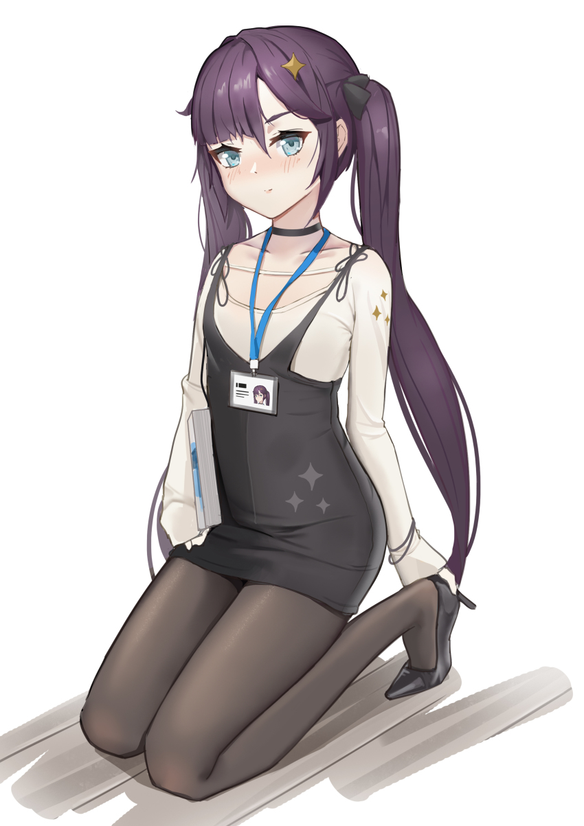 1girl, absurdres, alternate_costume, black_choker, black_dress, black_pantyhose, black_shoes, blue_eyes