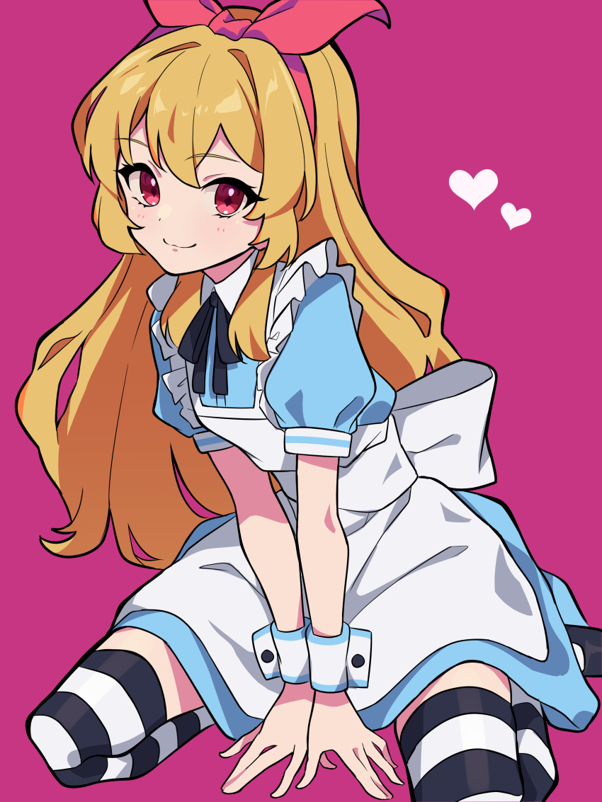 1girl, :3, absurdres, aikatsu!, aikatsu!_(series), alice_(alice_in_wonderland), alice_(alice_in_wonderland)_(cosplay), alice's_adventures_in_wonderland, apron, back_bow, between_legs, black_ribbon, black_thighhighs, blonde_hair, blush, bow, cosplay, diamond-shaped_pupils, diamond_(shape), full_body, hair_bow, hairband, hand_between_legs, heart, highres, hoshimiya_ichigo, leaning_forward, light_blue_dress, long_hair, looking_at_viewer, neck_ribbon, pink_background, puffy_short_sleeves, puffy_sleeves, red_bow, red_eyes, red_hairband, ribbon, seiza, short_sleeves, sitting, smile, solo, striped_clothes, striped_thighhighs, symbol-shaped_pupils, thighhighs, uhouhogorigori, white_thighhighs, wrist_cuffs