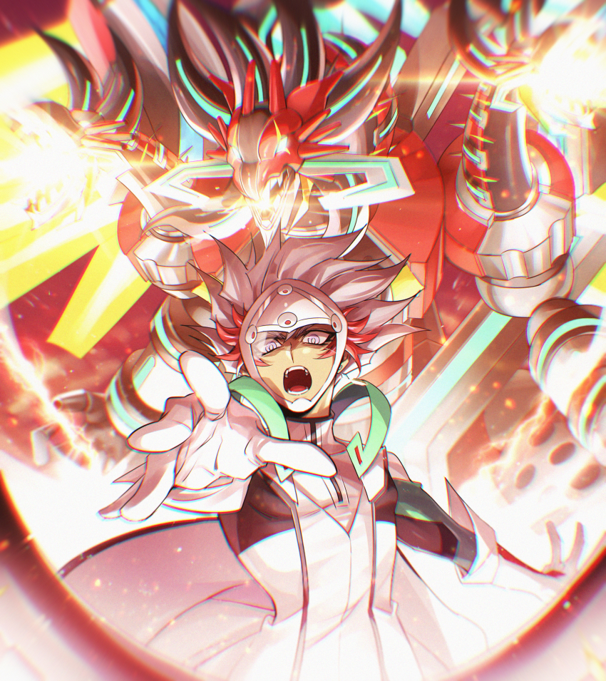 1boy, absurdres, borrelend_dragon, dragon, duel_monster, gauntlets, helmet, highres, huge_filesize, kogami_ryoken, male_focus, monster, non-humanoid_robot, open_mouth, oshi_no_kao_ga_i, red_hair, revolver_(yu-gi-oh!), robot_dragon, shouting, upper_body, white_eyes, white_hair, yu-gi-oh!, yu-gi-oh!_vrains