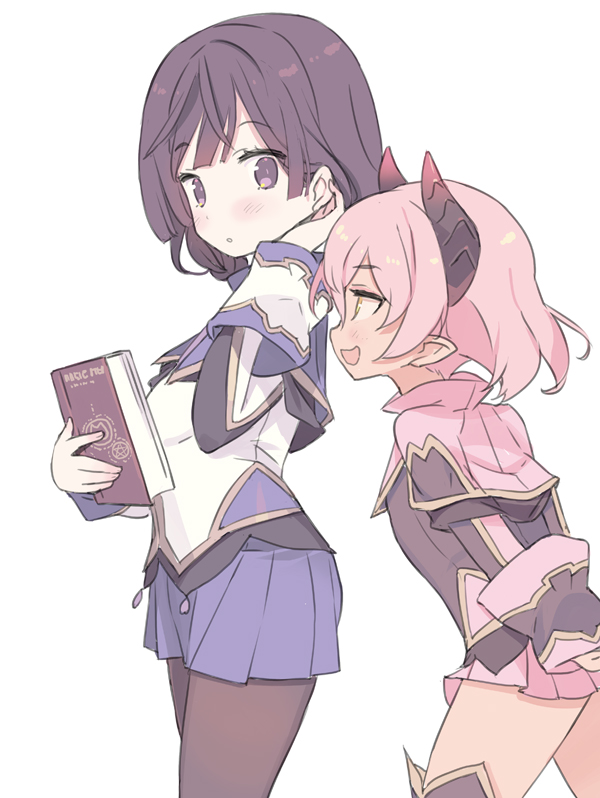 2girls, :d, black_hair, black_jacket, blade_(galaxist), blush, book, brown_eyes