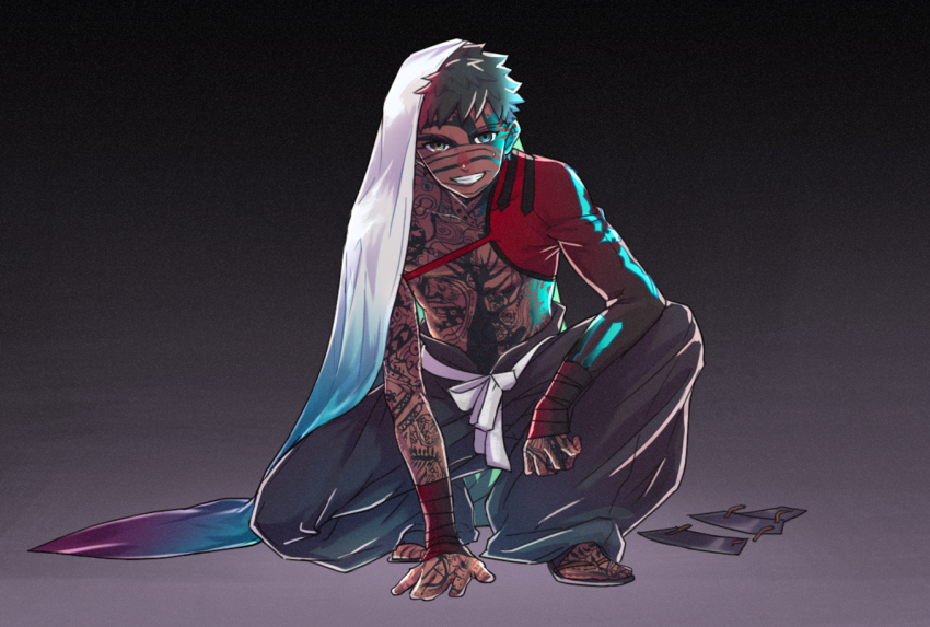 angra_mainyu_(fate), applechoc, black_hair, cosplay, dark-skinned_male, dark_skin, emiya_shirou, fate/grand_order, fate/hollow_ataraxia, fate_(series), hand_on_ground, igote, kneeling, limited/zero_over, looking_at_viewer, object_on_head, on_one_knee, possessed, possession, senji_muramasa_(fate), senji_muramasa_(fate)_(cosplay), simple_background, smile, tattoo