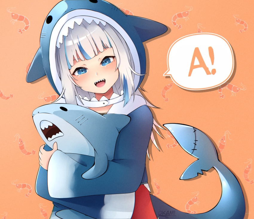 a_(phrase), animal_background, animal_costume, animal_hoodie, blue_eyes, blush, fins, fish_tail