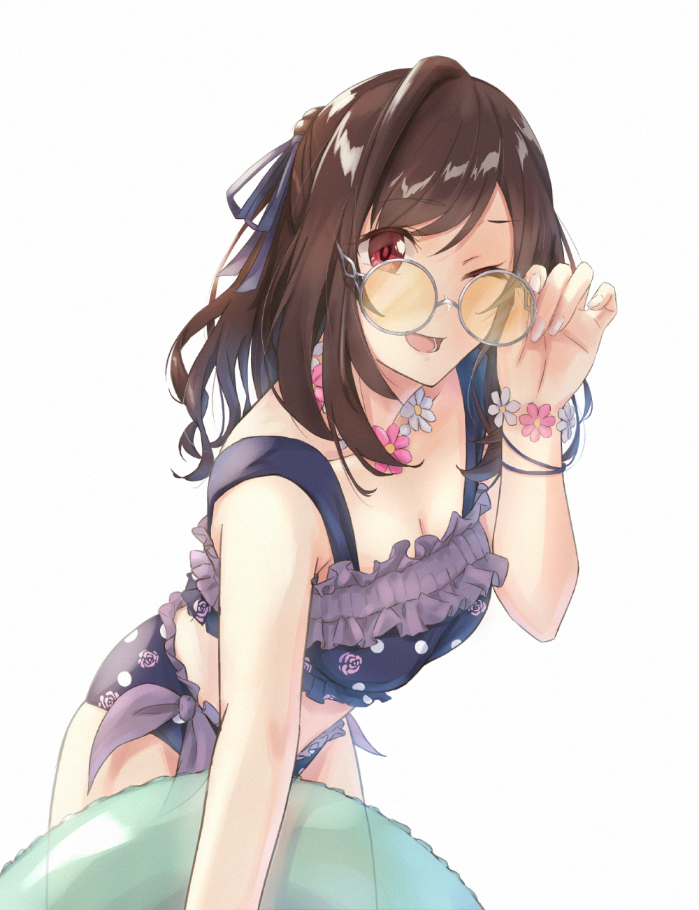 1girl, adjusting_eyewear, adjusting_glasses, bikini, breasts, brown_hair, cleavage, collarbone