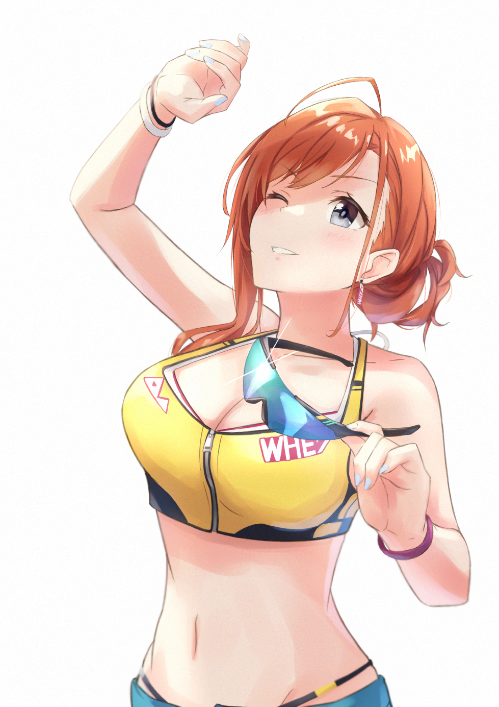 1girl, arisugawa_natsuha, arm_up, bare_shoulders, black_eyes, blue_nails, blue_shorts, blush, bra, bracelet, collarbone, commentary_request, earrings, hair_up, highres, hiiragii_(hiiragi_0404), holding, holding_removed_eyewear, idolmaster, idolmaster_shiny_colors, jewelry, long_hair, looking_up, midriff, nail_polish, navel, one_eye_closed, orange_hair, shorts, simple_background, smile, solo, sports_bra, sports_sunglasses, sunglasses, underwear, unworn_eyewear, white_background, yellow_bra