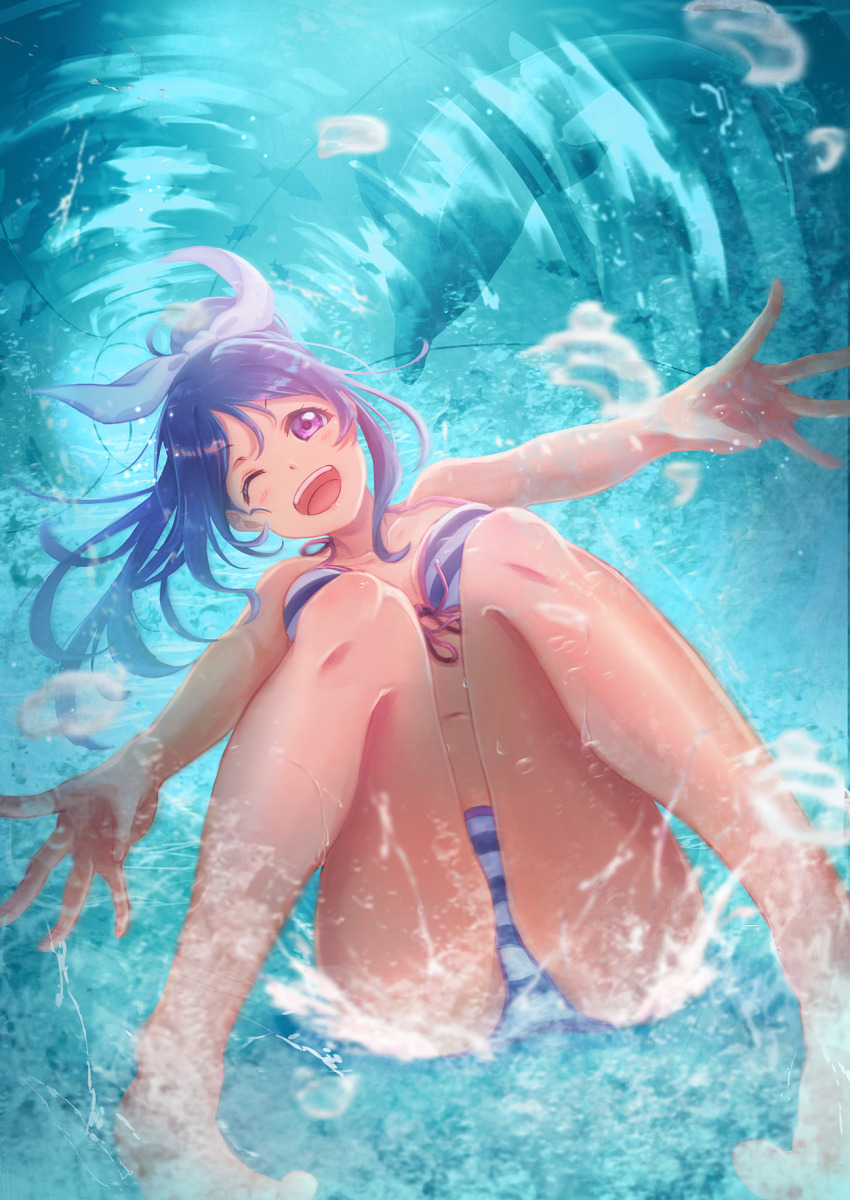 1girl, bikini, blue_hair, blush, breasts, breasts_apart, caustics, dolphin, food, front-tie_top, fruit, highres, legs, love_live!, love_live!_school_idol_project, love_live!_sunshine!!, macken666, matsuura_kanan, navel, one_eye_closed, outstretched_arms, ponytail, purple_eyes, ribbon, smile, solo, striped_bikini, striped_clothes, swimsuit, thighs, tongue, tongue_out, watermelon, white_ribbon