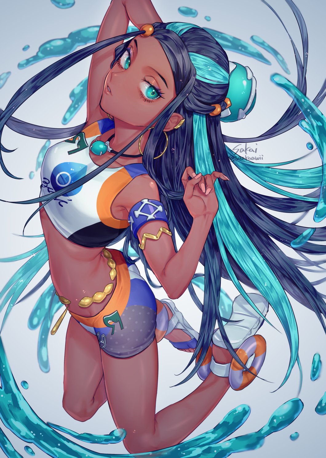 1girl, armlet, artist_name, ass, belly_chain, bike_shorts, black_hair, collarbone