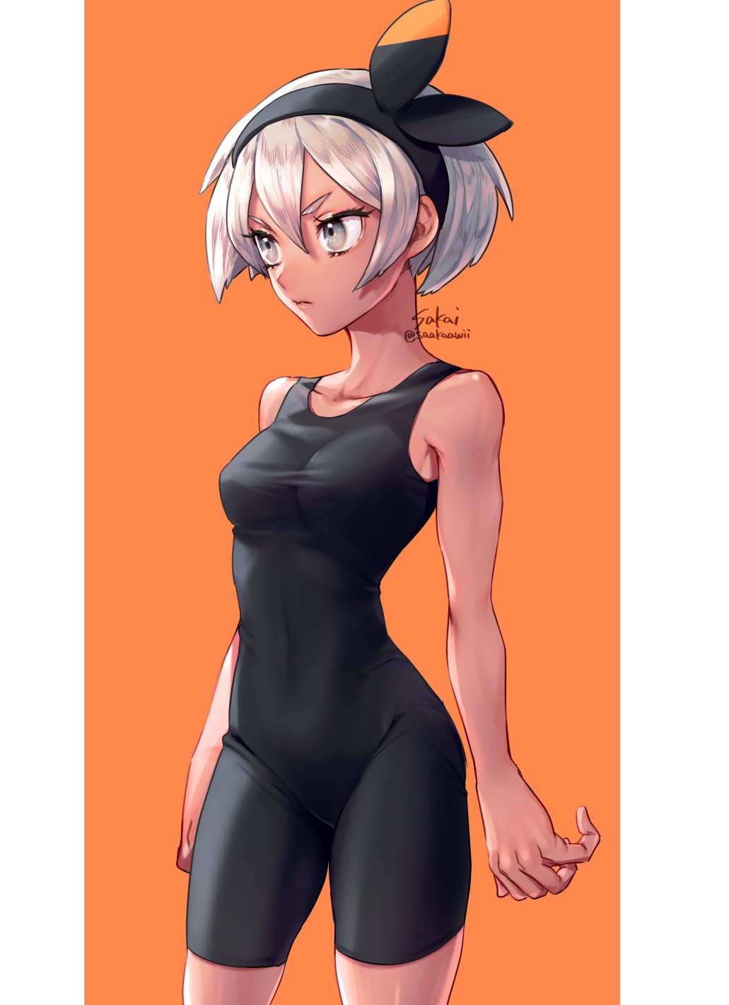 1girl, artist_name, bare_arms, bea_(pokemon), black_bodysuit, black_hairband, bodysuit, bow_hairband