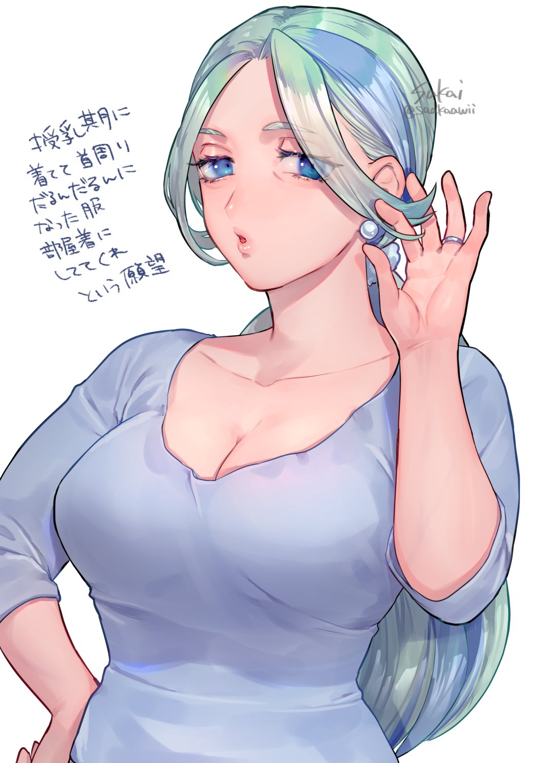1girl, blue_eyes, breasts, cleavage, collarbone, commentary_request, earrings, eyelashes, green_hair, hand_on_own_hip, hand_up, highres, jewelry, long_hair, looking_to_the_side, mature_female, melony_(pokemon), multicolored_hair, nintendo, pokemon, pokemon_sword_and_shield, ring, sakai_(motomei), shirt, solo, streaked_hair, three-quarter_sleeves, translation_request, twirling_hair, upper_body, white_background