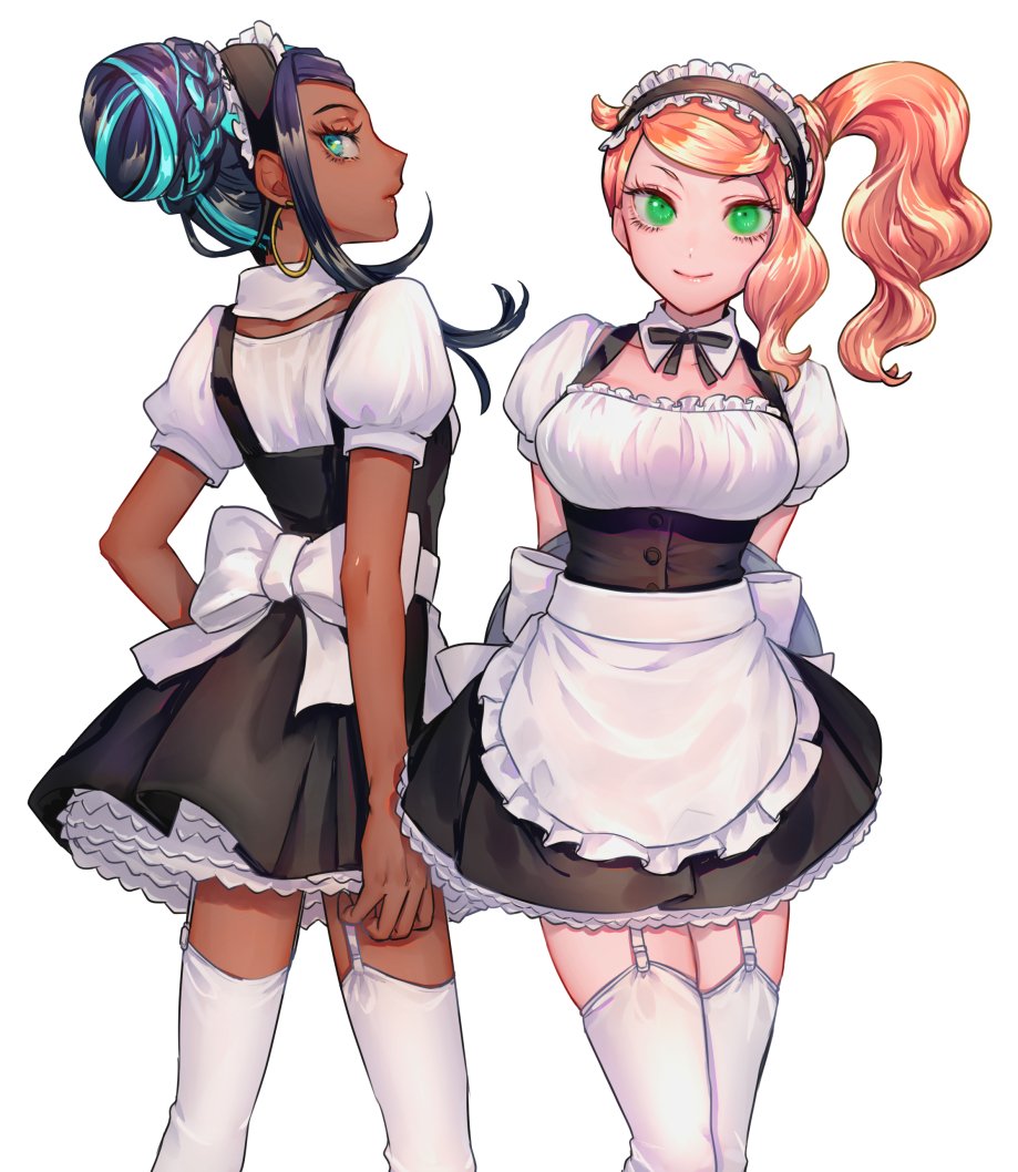 2girls, alternate_costume, apron, arms_behind_back, black_hair, braid, buttons, closed_mouth