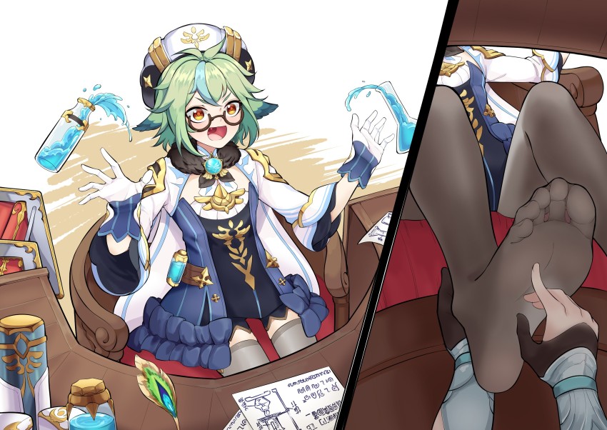 1girl, animal_ears, chair, feet, foot_focus, genshin_impact, green_hair, hat, highres, ke_(justanegg), laughing, lumine_(genshin_impact), open_mouth, pantyhose, paper, potion, round_eyewear, sitting, smile, soles, sucrose_(genshin_impact), surprised, table, tickling, tickling_feet, toes, under_table
