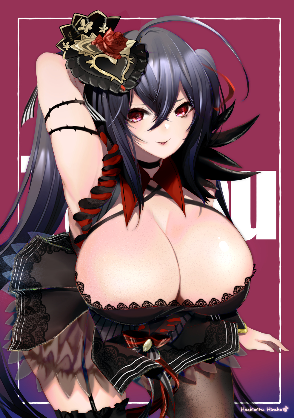 1girl, arm_behind_head, artist_name, asymmetrical_legwear, azur_lane, black_dress, black_hair, breasts