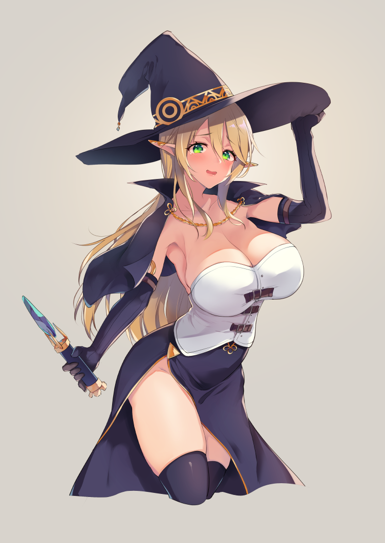 1girl, blush, breasts, calm_mashiro, capelet, cleavage, cropped_legs, elbow_gloves