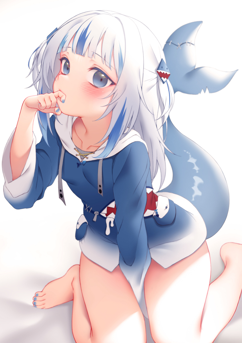 1girl, animal_costume, animal_hood, barefoot, blue_eyes, blue_hair, blue_hoodie, blue_nails